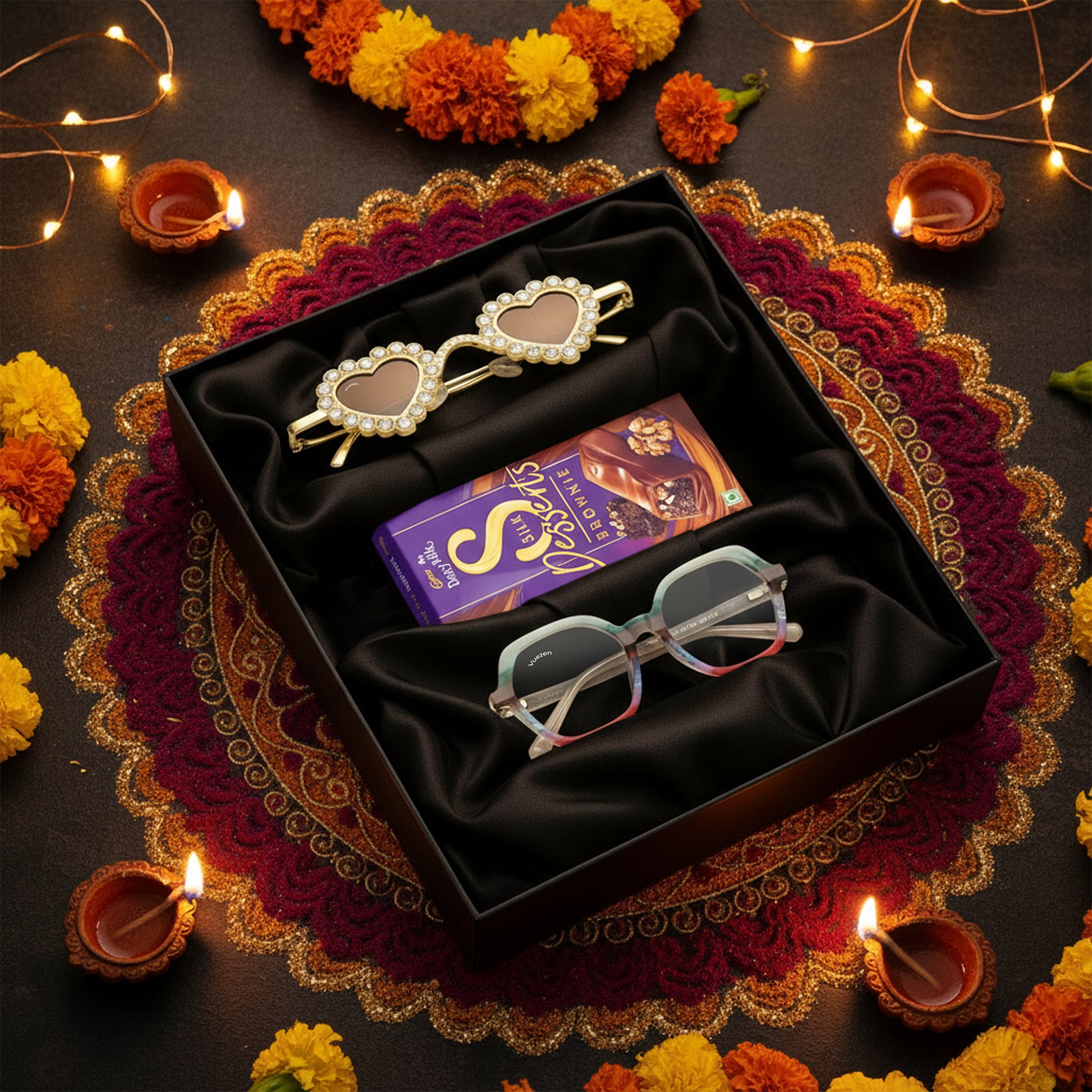 Decorative box with heart-shaped sunglasses and a chocolate bar