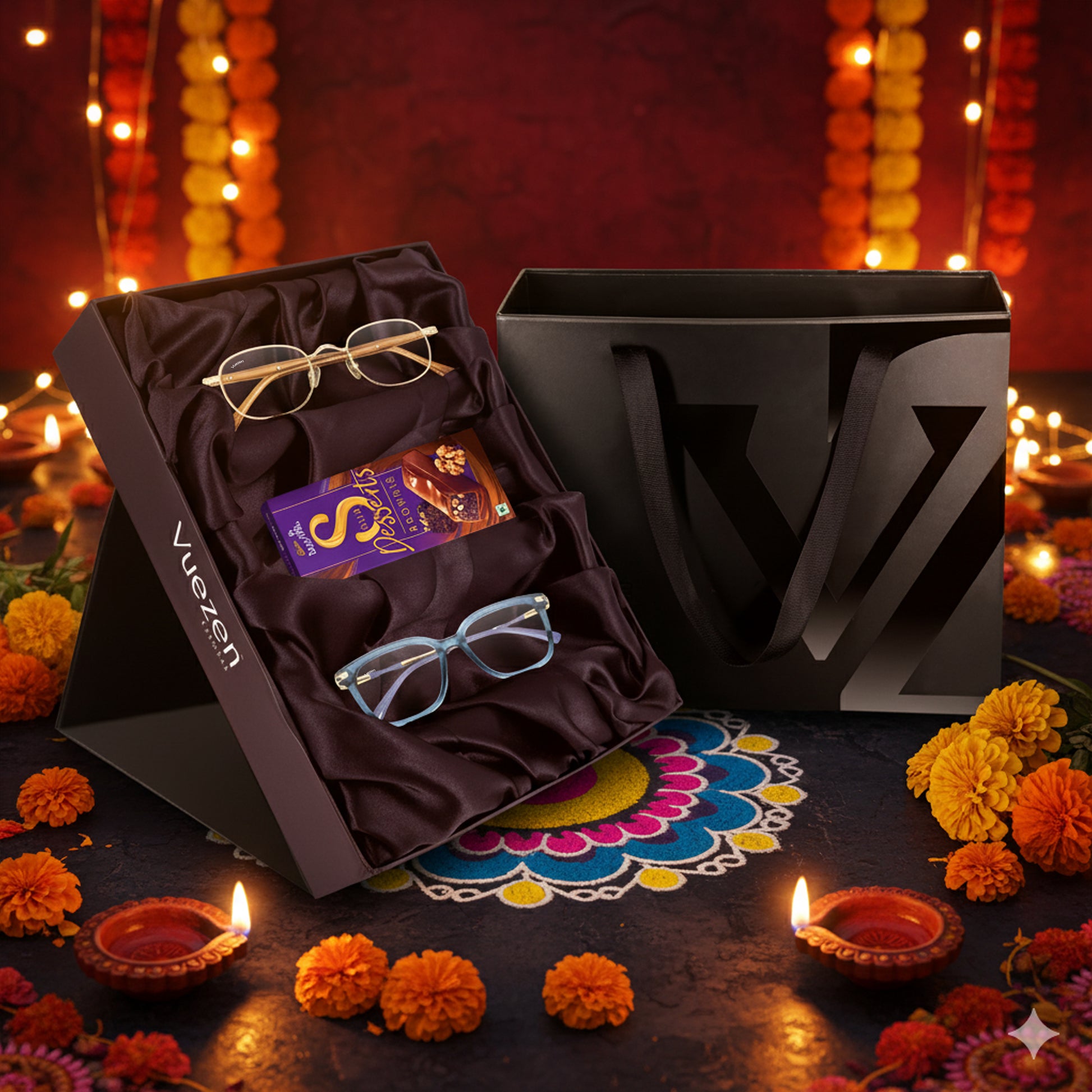 Glasses in a box with decorative elements