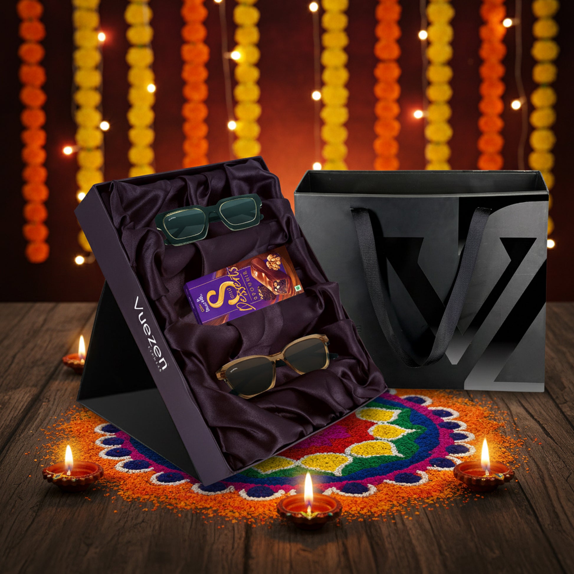 sunglasses with a box and black bag