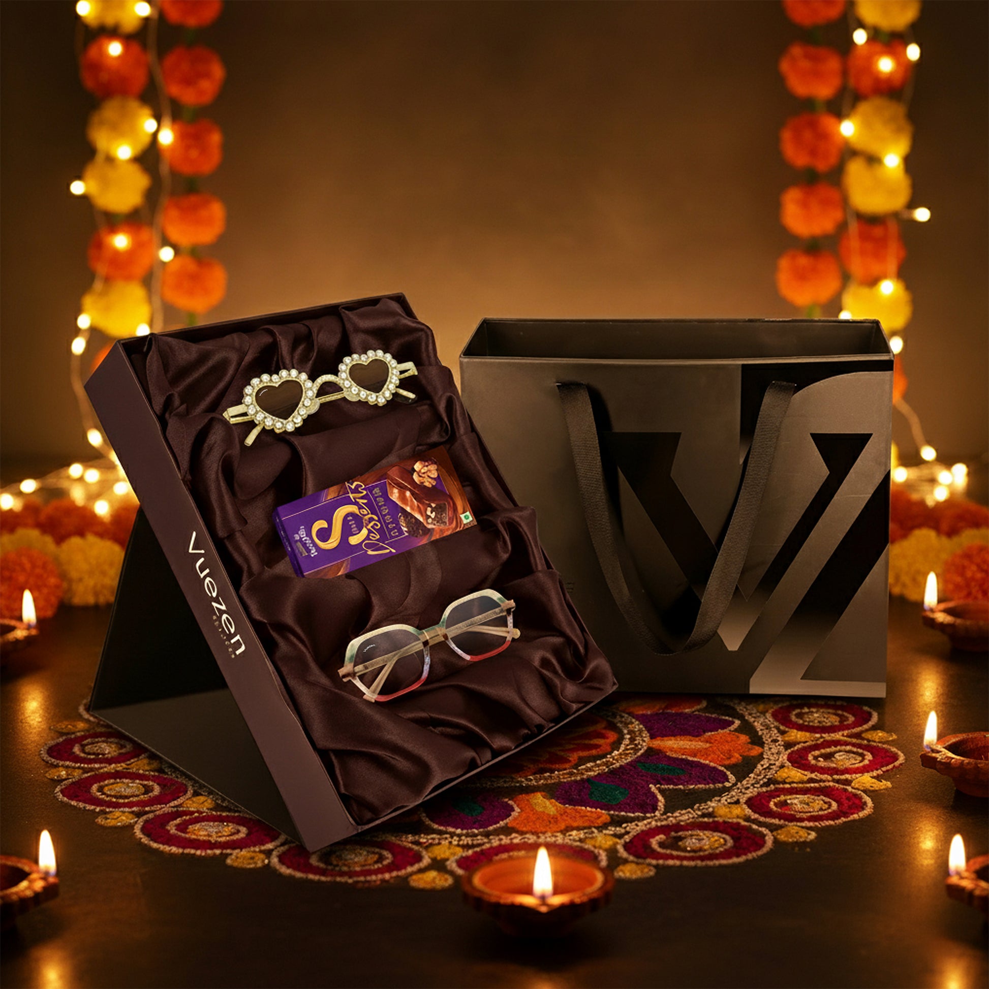 Decorative gift set with glasses and chocolate