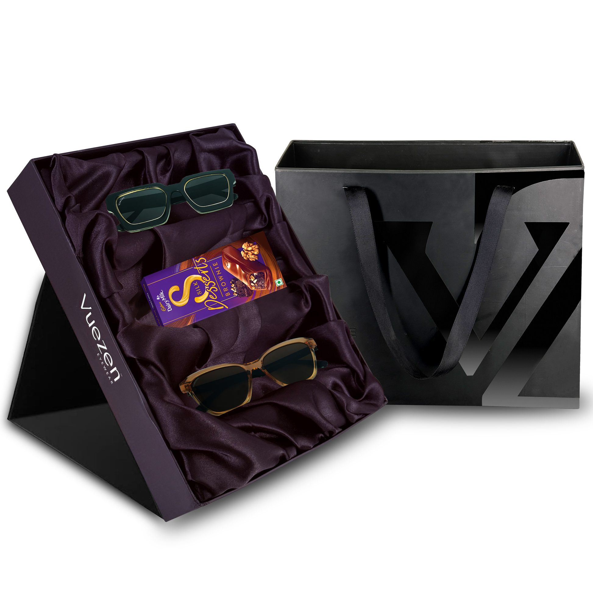 Sunglasses and gift box with chocolate bar