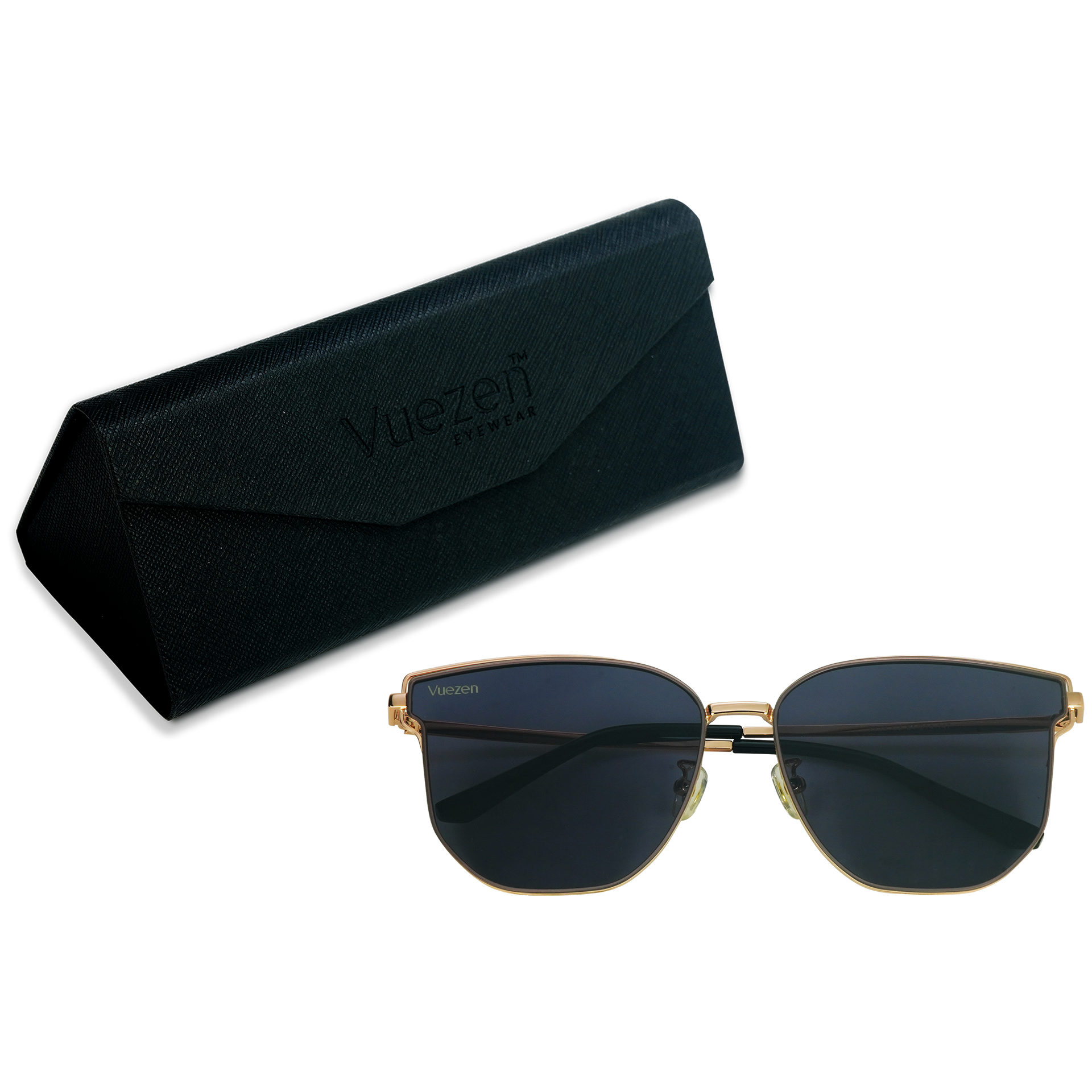 Sunglasses gold frame and dark lenses with case