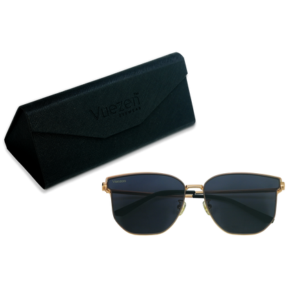 Sunglasses gold frame and dark lenses with case